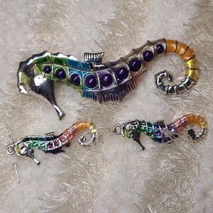 3 Pc Set Seahorses Dangle Earrings Necklace Glide Clip Brooch Coral Reef Colors